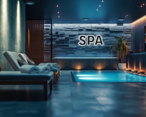 Sign spa at reception indoor, concept of massage service and beauty treatment at luxury hotel Sign spa at reception indoor, concept of massage service and beauty treatment at luxury hotel